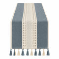 Chemin de table en bleu et beige avec franges