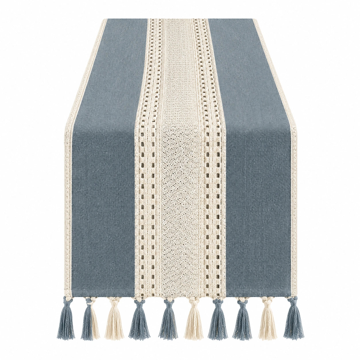Chemin de table en bleu et beige avec franges