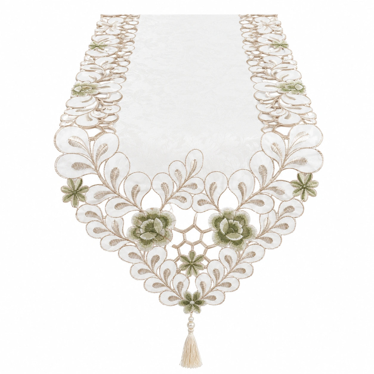 Chemin de Table en Broderie Florale Blanc et Vert