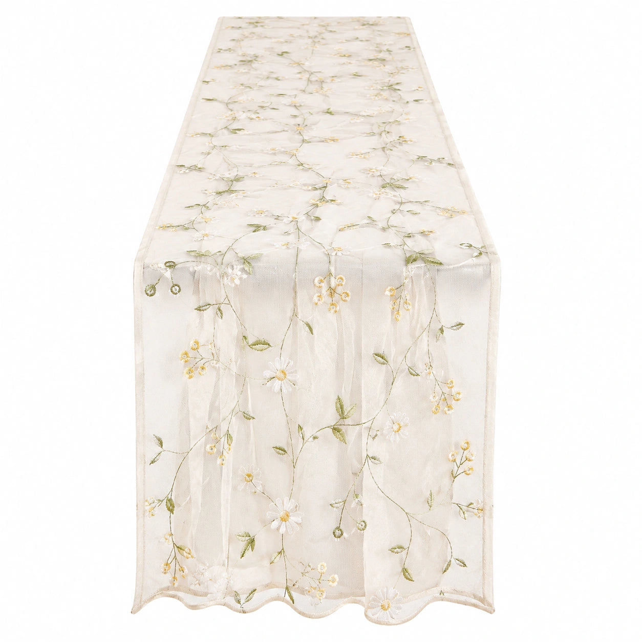Chemin de Table Transparent Brodé avec Fleurs Blanches et Verts