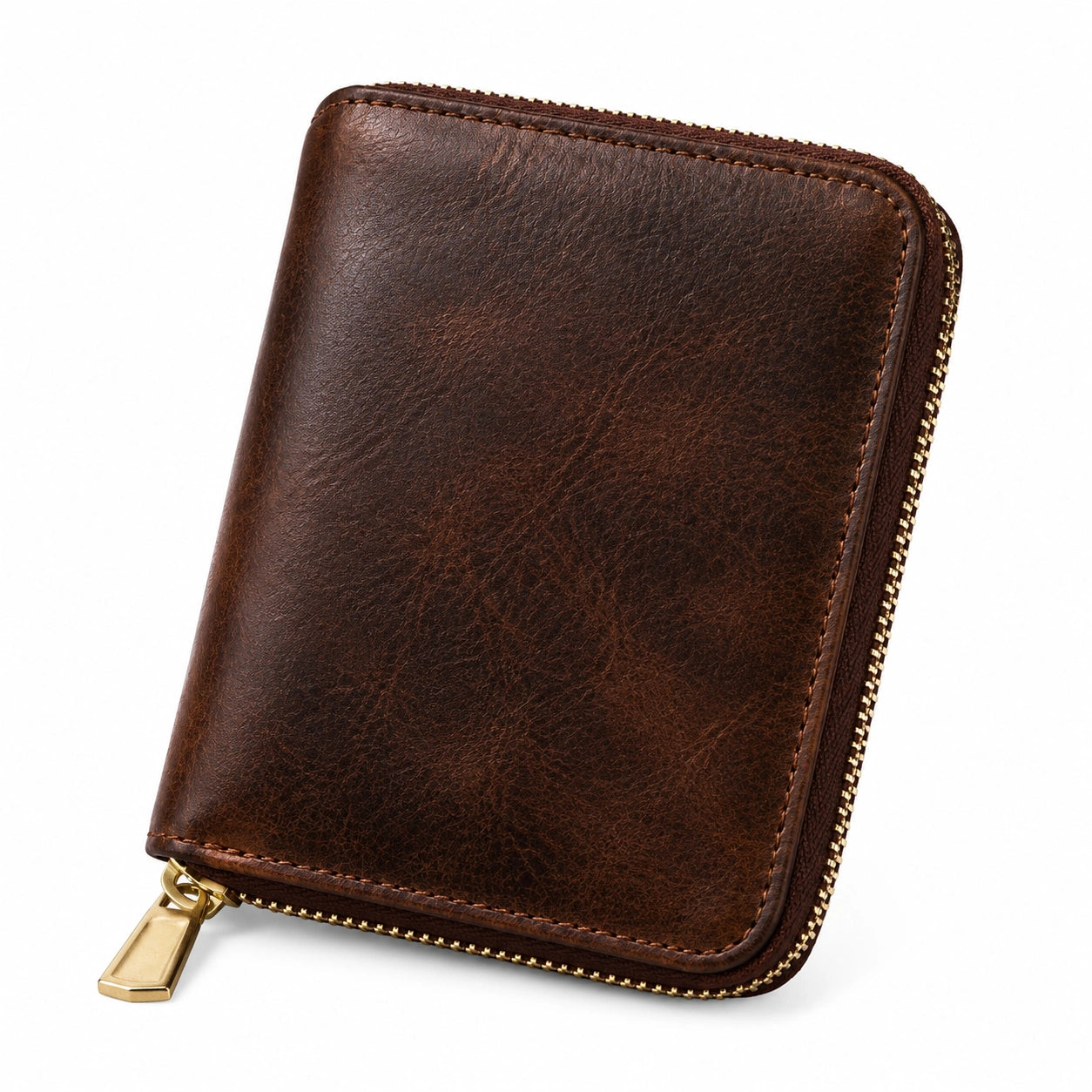 Portefeuille zippé classique en cuir marron