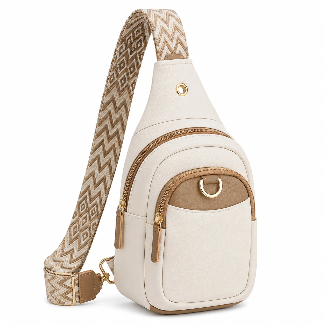 Sac Bandoulière Femme Beige et Marron avec Sangle Géométrique