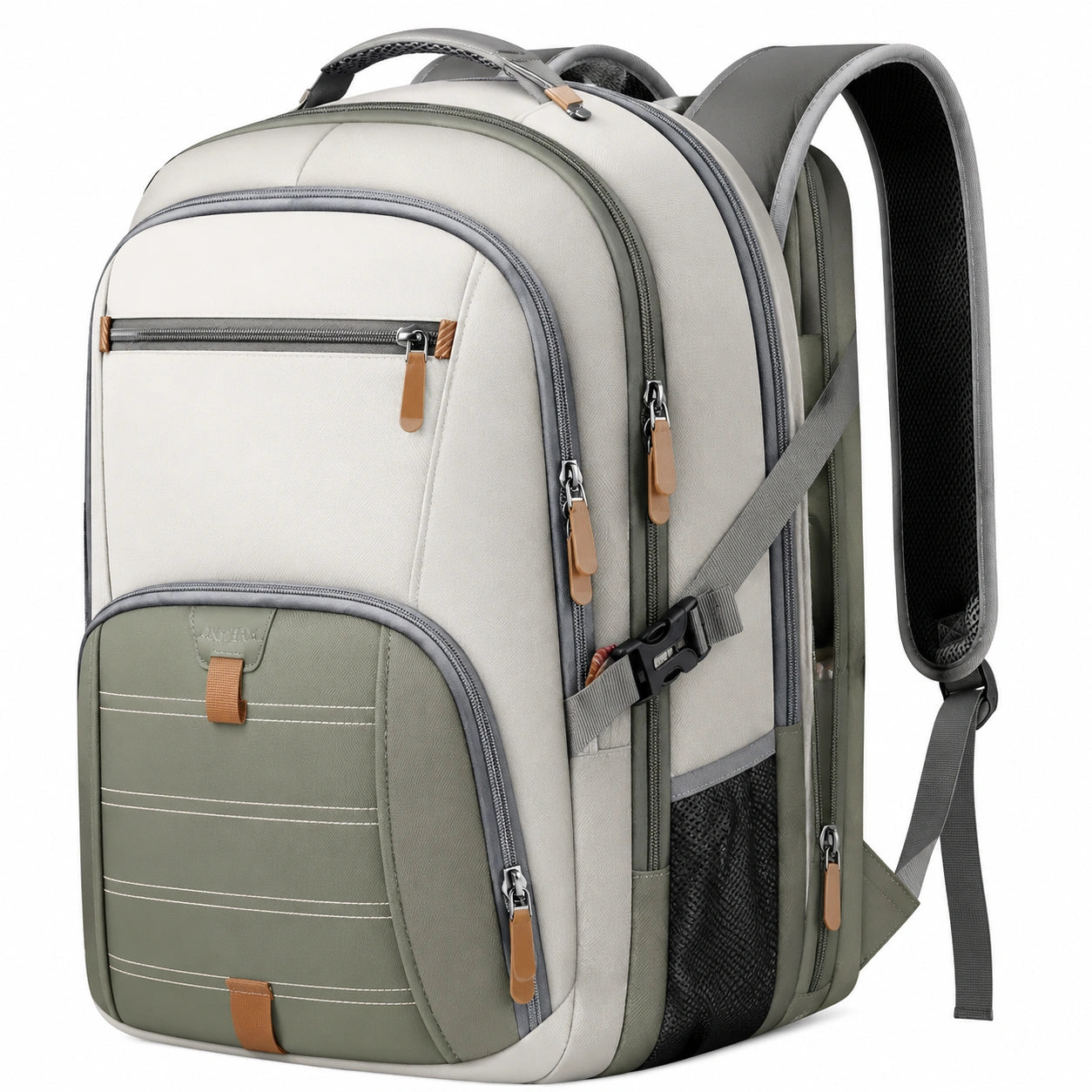 Sac à dos moderne beige et vert 40L avec poches multiples