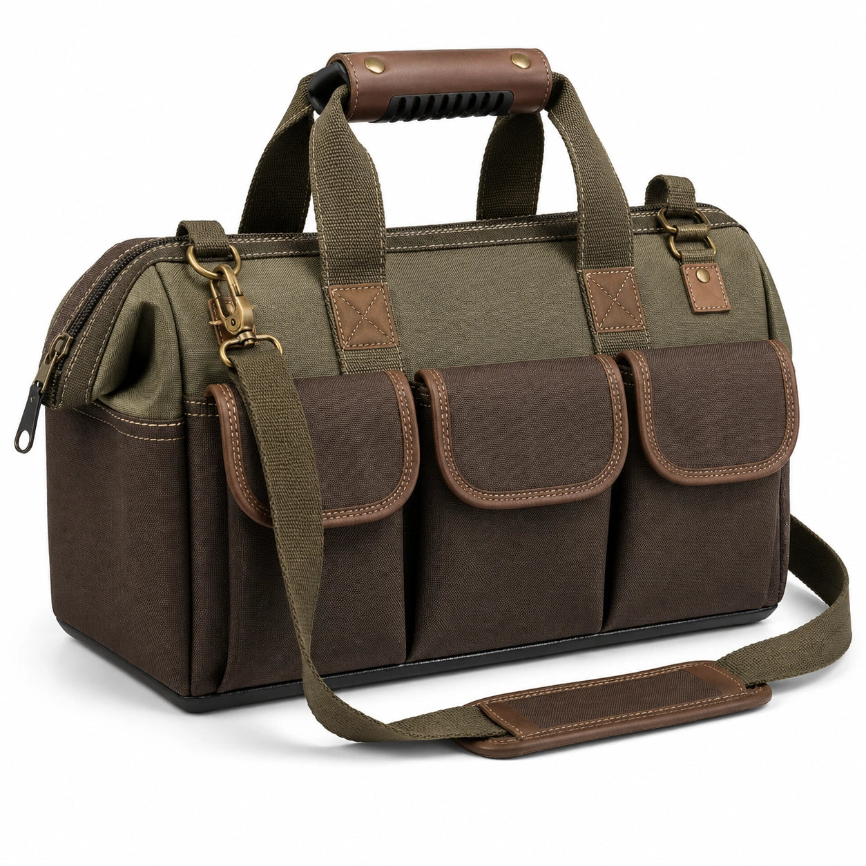 Sac à outils marron et vert avec bandoulière réglable