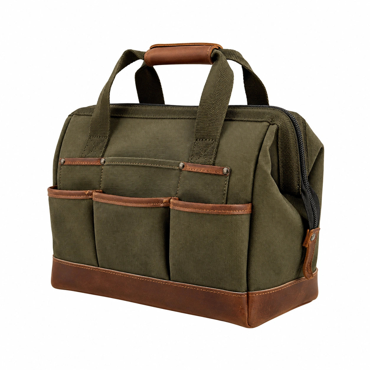 Sac à outils vert avec poignées robustes et poches extérieures