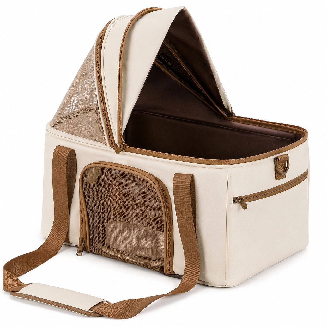 Sac de transport beige et marron pour animaux avec ventilation en maille